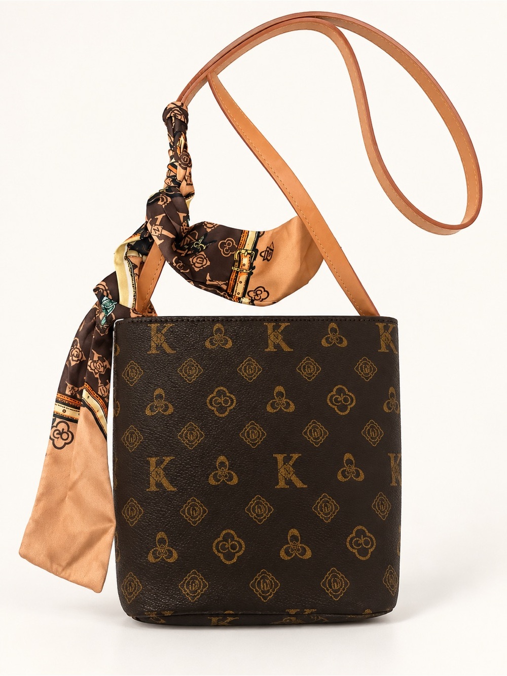 Brown Monogram Shoulder Bag with Scarf